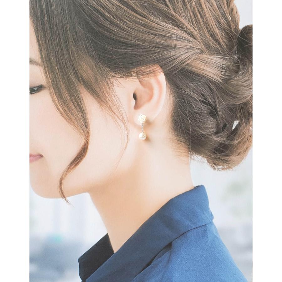 K18WG パール ピアス シェル 真珠 薔薇モチーフ 揺れる 2way 6月