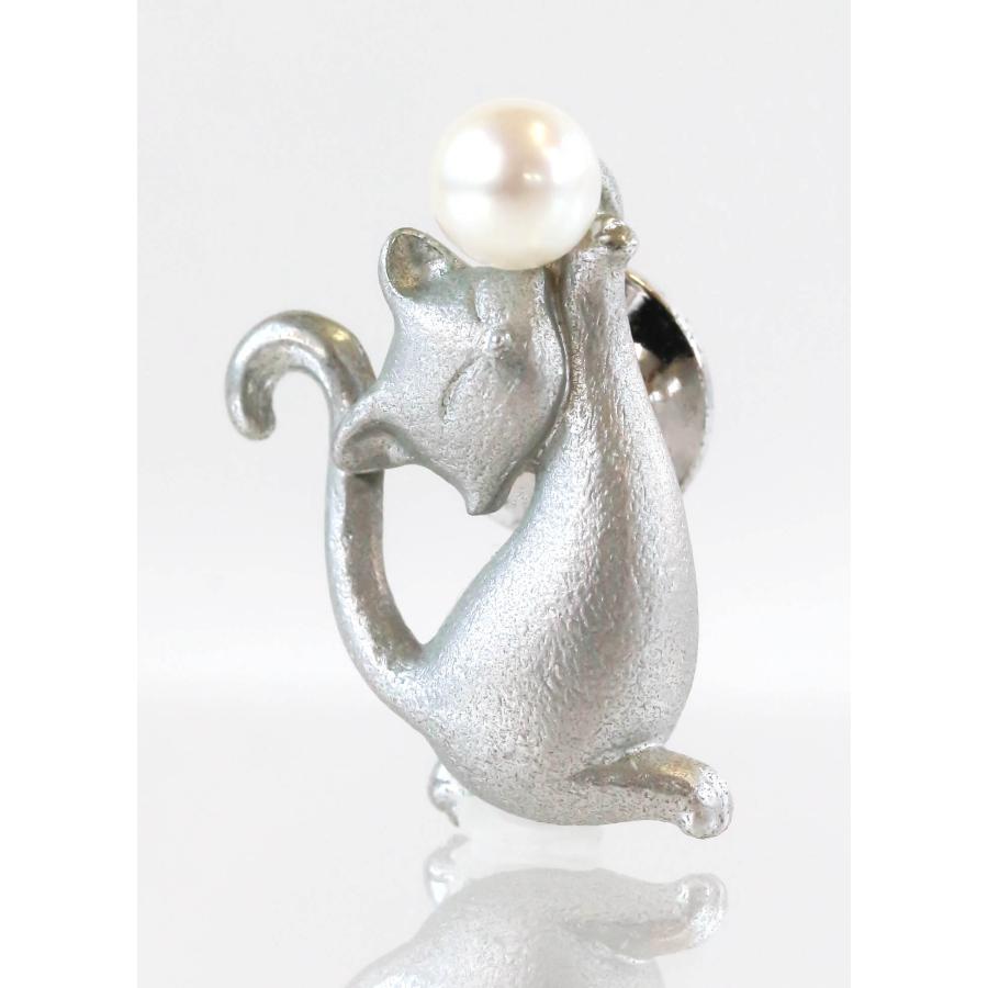 パール　真珠　シルバー　ブローチ　ピン　猫　ネコ　かわいい　猫好き　プレゼント