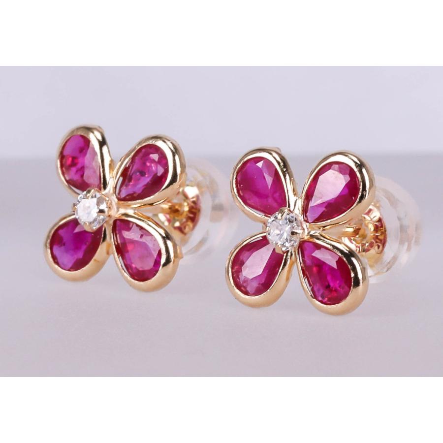 K18 ルビー ダイヤモンド ピアス ゴールド 花 フラワーモチーフ レディース アクセサリー 保証書付きの画像