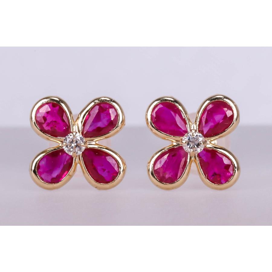 K18 ルビー ダイヤモンド ピアス ゴールド 花 フラワーモチーフ レディース アクセサリー 保証書付きの画像