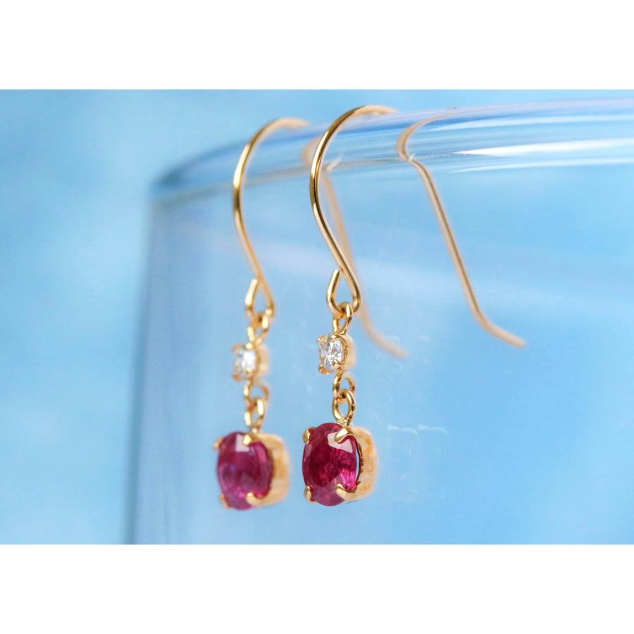 k18ダイヤモンド天然ルビーピアス18金 K18 ルビー ダイヤモンド ピアス ゴールド フック 揺れる 7月誕生石