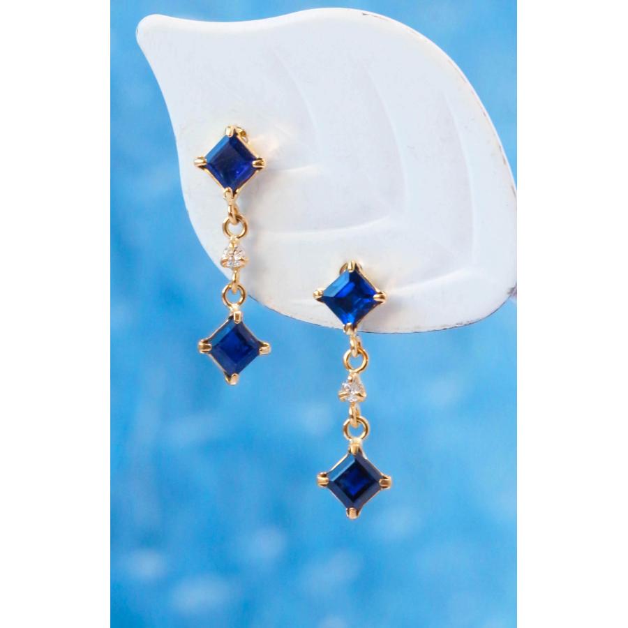 K18 サファイア ダイヤモンド ピアス ゴールド 菱形 揺れる 9月誕生石  