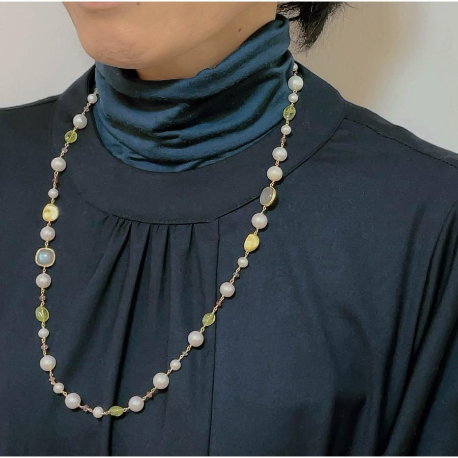 淡水パール ペリドット ロングネックレス 真珠 グレームーンストーン オニキス ロングネックレス 62cm アクセサリー プレゼント 宝石保証書付きの画像