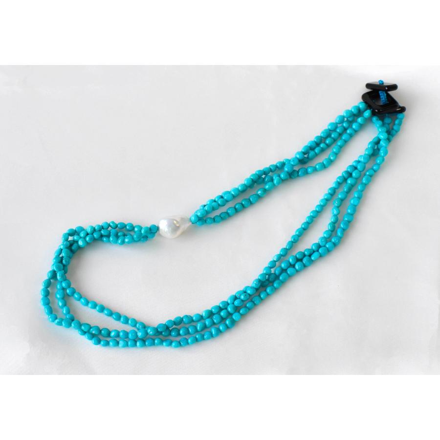 天然ターコイズ ネックレス 淡水パール オニキス 3連 大ぶり 真珠