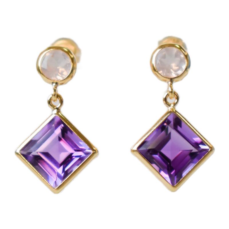 【新品未使用】K18 天然アメジスト　ローズクォーツ　ピアス K18 アメジスト ローズクォーツ ピアス ゴールド 菱形 揺れる 2月