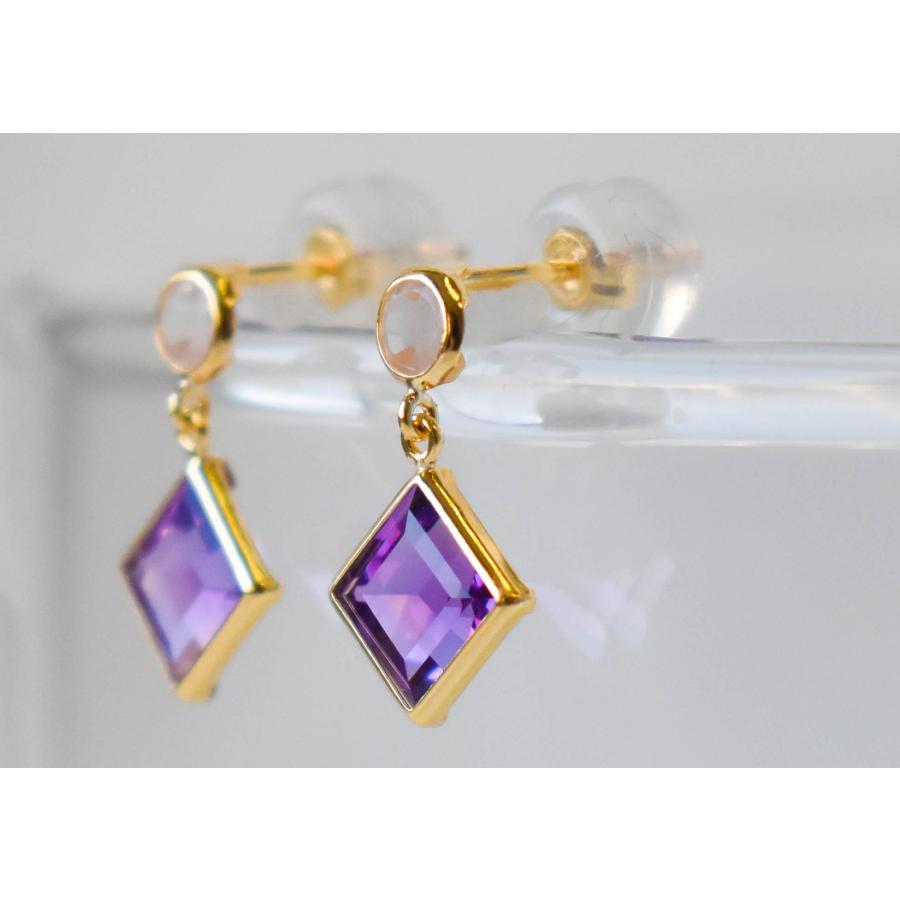 【新品未使用】K18 天然アメジスト　ローズクォーツ　ピアス K18 アメジスト ローズクォーツ ピアス ゴールド 菱形 揺れる 2月