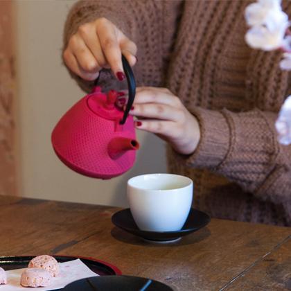 南部鉄器風 急須 鉄瓶 赤ティーポット茶器 和風　鋳鉄製 茶托付き　未使用/美品 岩鋳（IWACHU） 雅 カラー 鉄急須 450ml 茶こし付き 藍花 南部鉄器