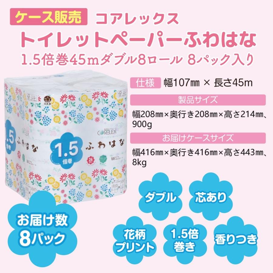 ケース販売】コアレックストイレットペーパーふわはな1.5倍巻45m