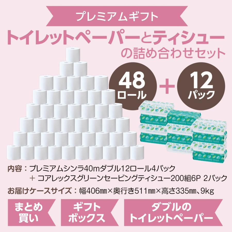 【ケース販売】「プレミアムギフト」プレミアムシンラ 40ｍ ダブル 12ロール入4パック＋コアレックスグリーンセービングティシュー 200組（400枚6個入 2パック | コアレックス | 01