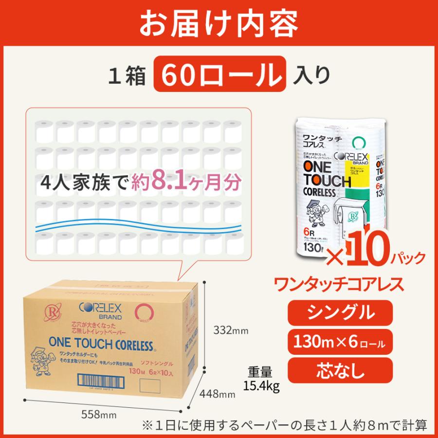 ワンタッチ コアレス 130m シングル トイレットペーパー 60ロール 太穴タイプ 芯なし コアレックス 国産 日本製 ケース販売 再生紙 無香料 | コアレックス | 08