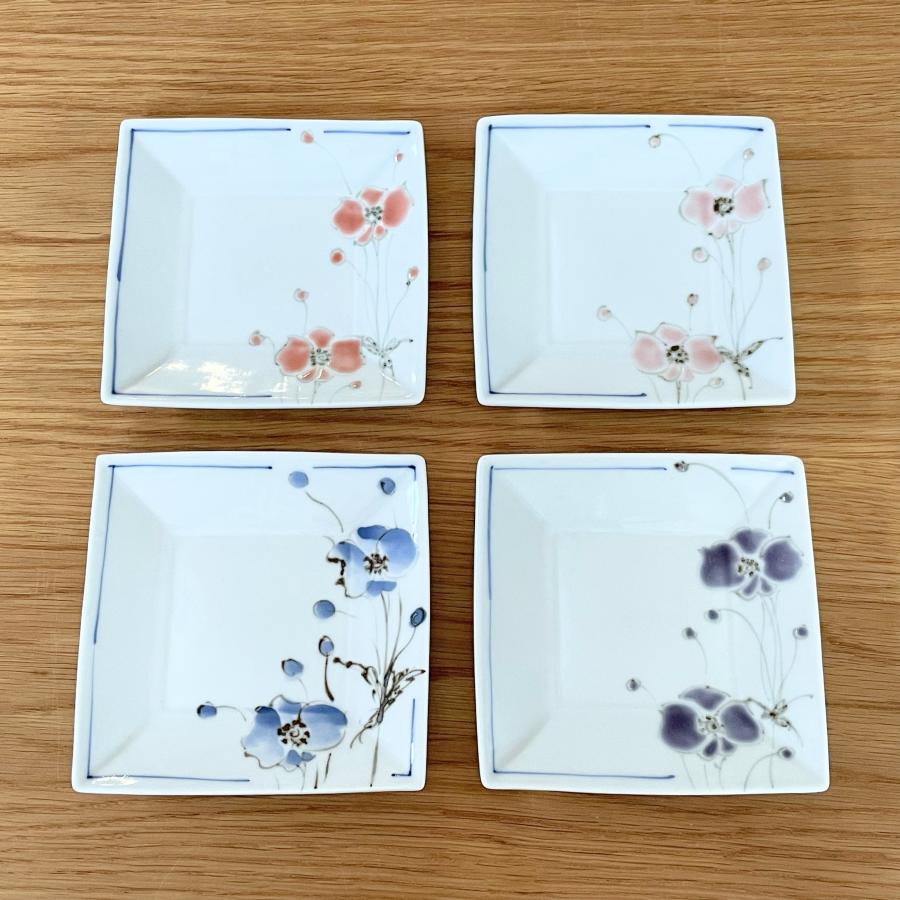 九谷焼 九谷焼 ／ 3号角皿/小皿 豆皿/ ポピー（ピンク・紫・染・濃い