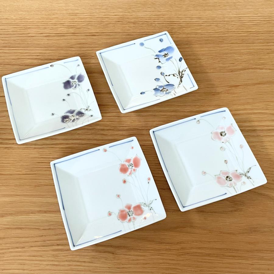 九谷焼 九谷焼 ／ 3号角皿/小皿 豆皿/ ポピー（ピンク・紫・染・濃い