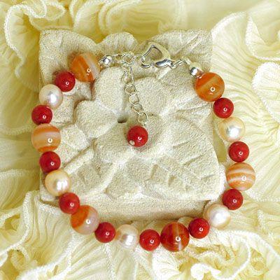 珊瑚＆パール&サードニクスブレスレット　レディース　結婚運・家庭運アップ　パワーストーン　天然石　送料無料　 |  | 02