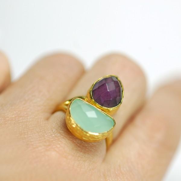 【売り尽くし半額セール】アメジスト＆カルセドニー　ターキッシュ２ストーンリング２　パワーストーン　指輪フリーサイズ　2月誕生石　天然石 |  | 02