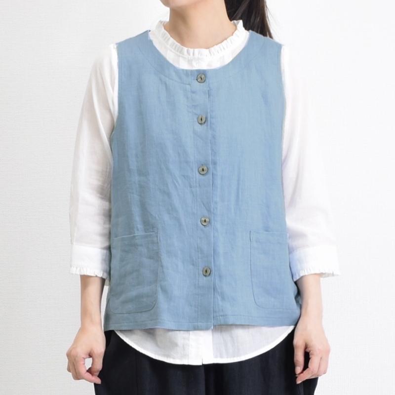 麻100%素材 リネン 前開きボタン ポケット付き ベスト 【メール便