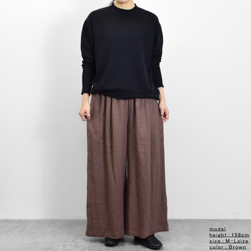 リネン100%素材 ワイド タックギャザー キュロット パンツ 麻100