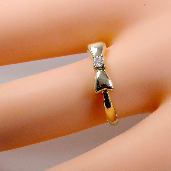 K18金リボンモチーフリング天然ダイヤモンドピンキーリング指輪ゴールドリング１個石の画像