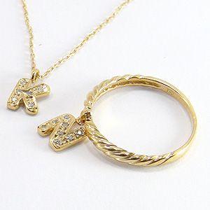 K18金ゆれるイニシャルリング シンプルゴールドダイヤモンドリング アルファベット指輪の画像
