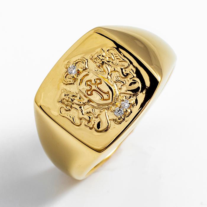 18金ゴールドメンズリング ダイヤモンドK18指輪紋章印台ダイヤK18刻印