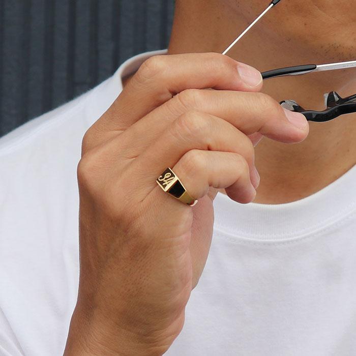 18K18金 印台 ゴールドメンズリング数字刻印K18金機械彫刻指輪ナンバー