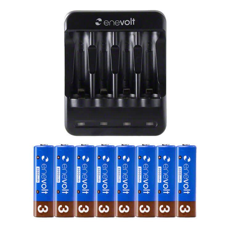充電池 単3 単三 充電器 セット 8本 エネボルト 充電式電池 乾電池 3000 ケース付 ニッケル水素対応 防災グッズ USB 単3形 単4 単四 兼用 充電器 車中泊 防災 | enevolt | 20