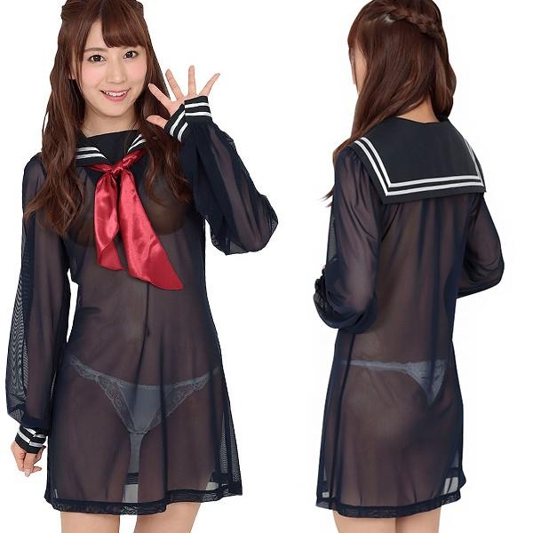 シースルーセーラーワンピ 紺 コスプレ 可愛い 制服 スクール セーラー
