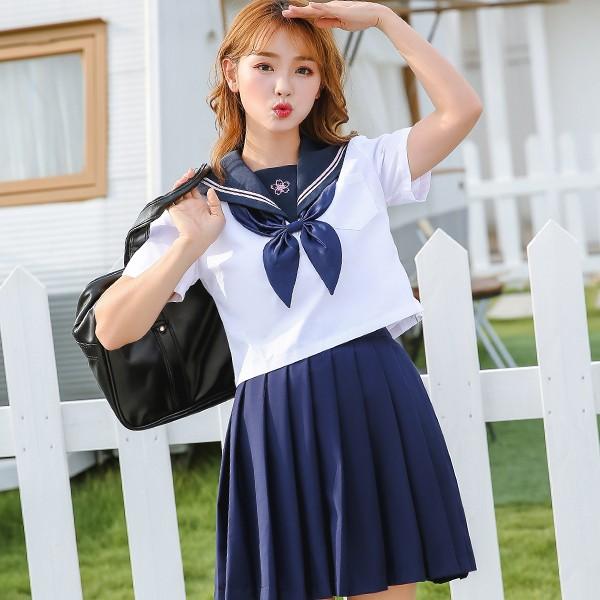 malymoon リボン付き シンプルで可愛い紺セーラー服 半袖 コスプレ 可愛い 制服 スクール セーラー 女子高生 アニメ アイドル ハロウィン イベント 余興 仮装
