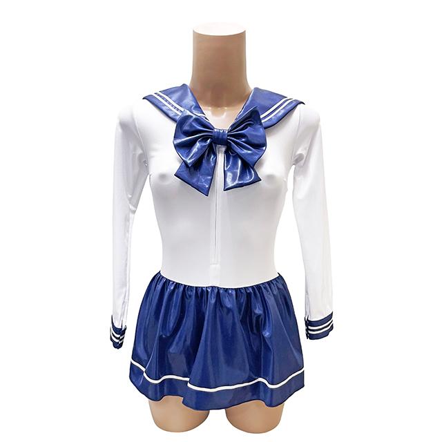 スーパーウェット 配色 長袖 セーラーレオタード ネイビー×ホワイト M