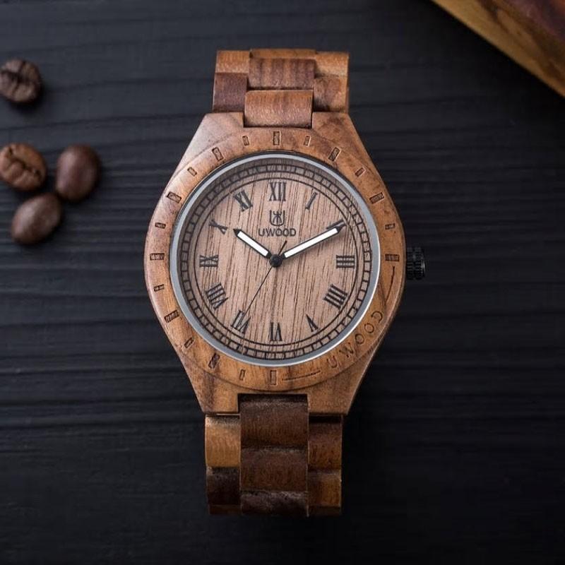 木製 腕時計 クォーツ 自然木 シンプル アンティーク風 薄型 手作り 夜光針付き 男性 メンズ MEN'S Wood Watch UWOOD