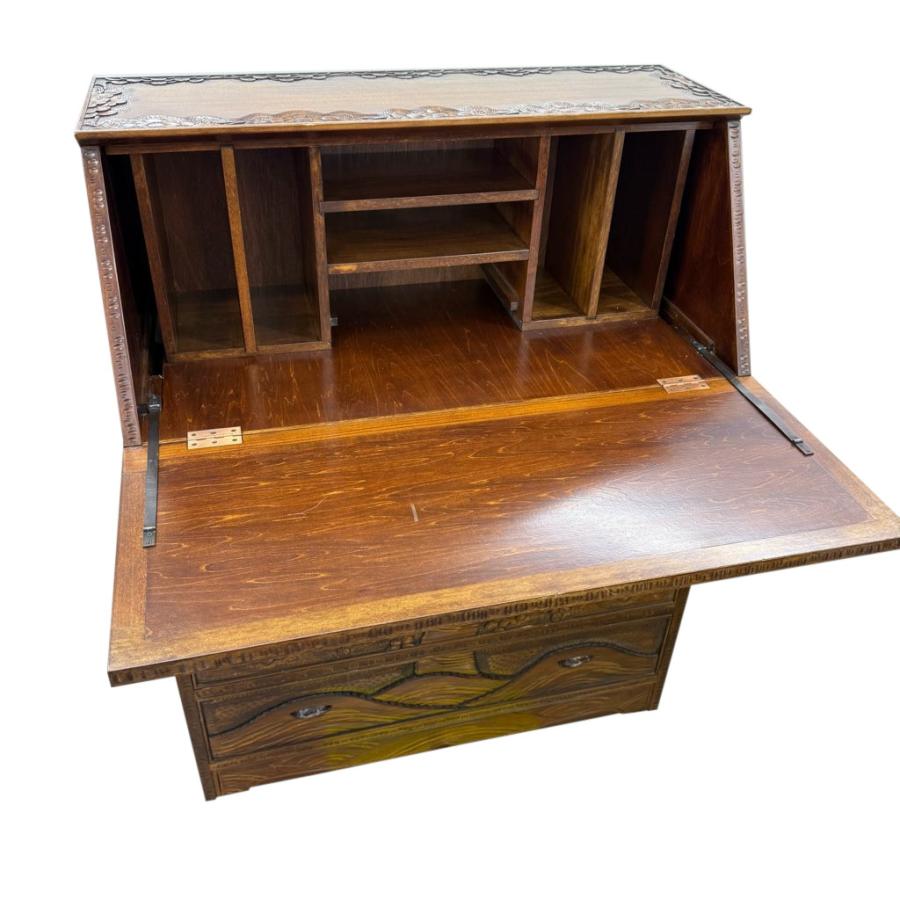 中古 店舗近郊送料格安 軽井沢彫 ライティングデスク 伝統工芸 書斎机