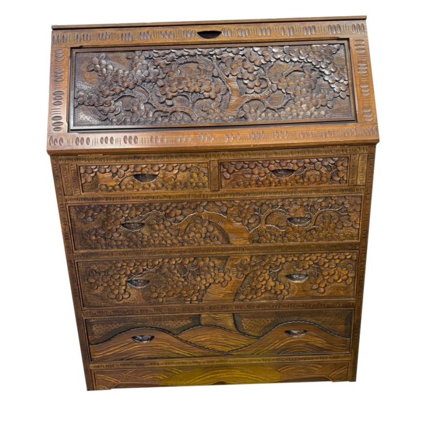 伝統工芸　軽井沢彫　　小引き出し　昭和アンティーク 楽天市場】伝統工芸 軽井沢彫り 桜彫刻 5段 チェスト 細密 木彫刻 無垢