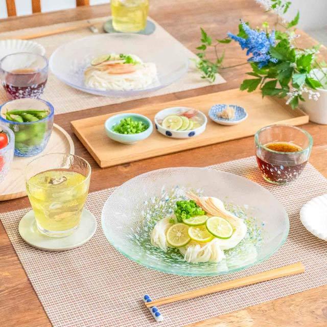 マルテイガラス　美しいグラデーション皿（青から緑）　ヴィンテージ 東洋佐々木ガラス 麺皿 緑 いろしずく 3個入 東洋佐々木ガラス（WA322