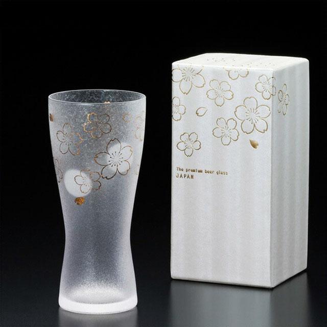 195.硝子コップ、気泡入り、箱付 ADERIA ビールグラス 桜 M 310ml 箱付き 泡づくりプレミアムニッポン