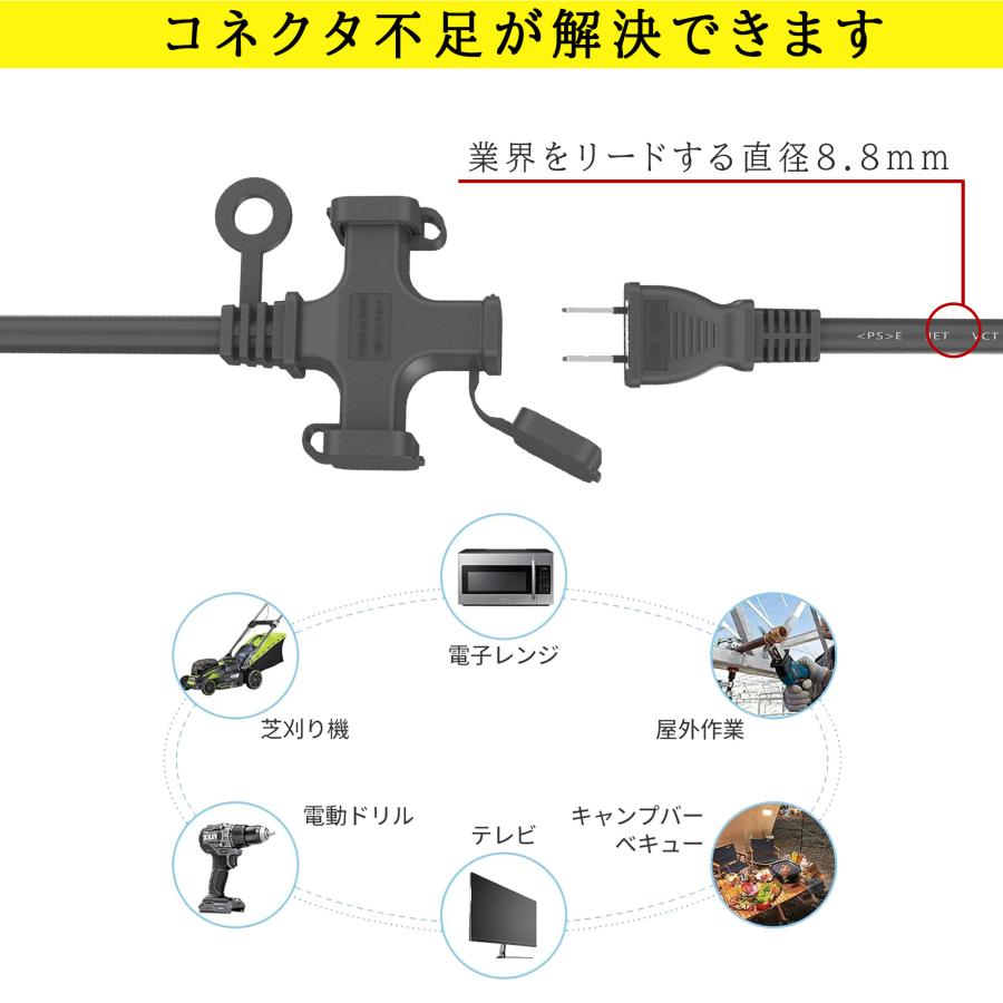 延長コード 10m 3個口 ソフトタイプ 防塵キャップ付き 電源コード 10m 電動工具 室内 屋外 耐寒 耐熱 延長ケーブル 電源ケーブル 10メートル コンセント｜cosmone｜07