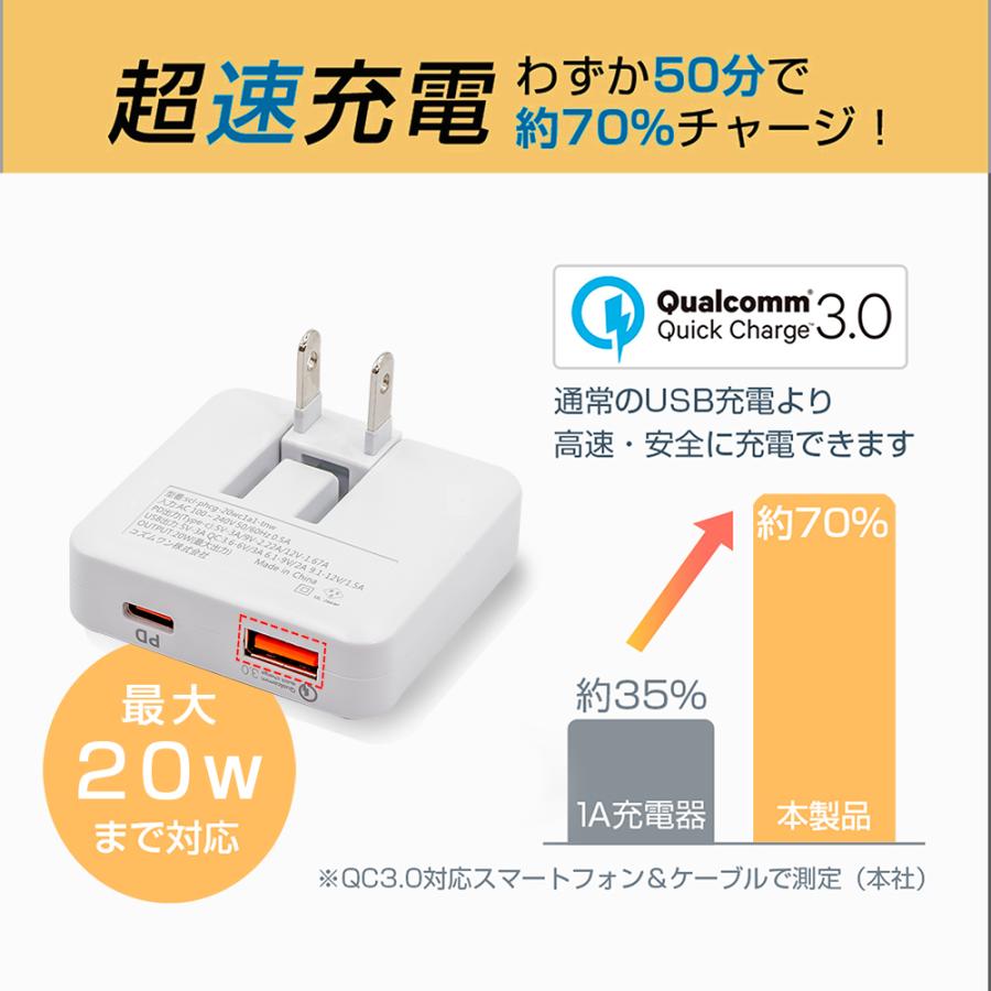 極薄 USB PD充電器 20W ACアダプター iPhone対応 急速充電器 USB-C タイプC Type-C スマホ充電器 高速充電 iPhone Android PSE認証 折りたたみ式｜cosmone｜04