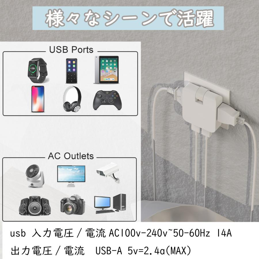 【早い者勝ち】【無料送料】コーナータップ ミニ型電源タップ 4個口 スイングタイプ USB2ポート スイングプラグ すき間コンセントタップ 絶縁カバー付｜cosmone｜03