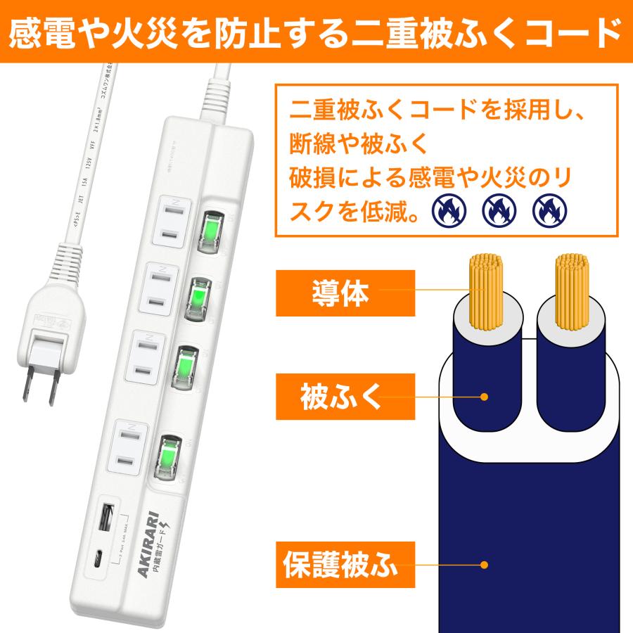 電源タップ AC4個口+2USB type-C type-A 個別スイッチ スマートIC USB  ホワイト ホコリ防止 スイッチ電源タップ テーブルタップ 延長ケーブル 1m｜cosmone｜09