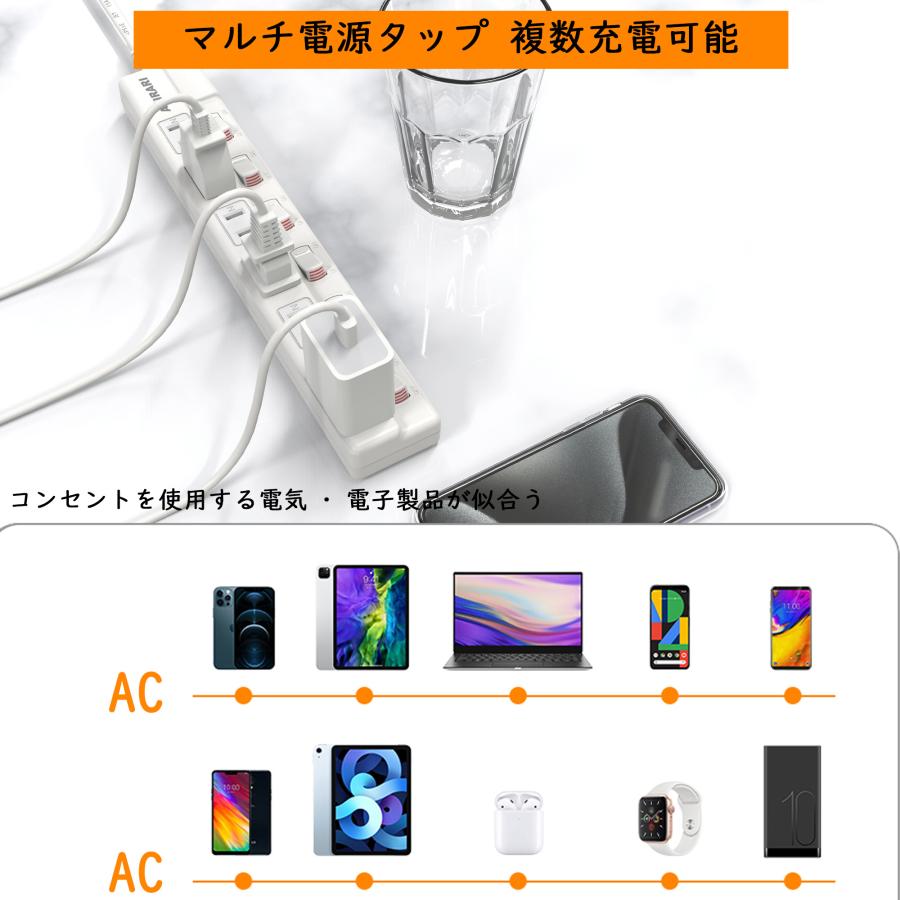 【限定販売】【送料無料 あす楽 6ヵ月保証】電源タップ 6個口 壁掛け スイッチタップ 無灯タイプ 独立スイッチ 180°スイングプラグ 1m 雷ガード｜cosmone｜08