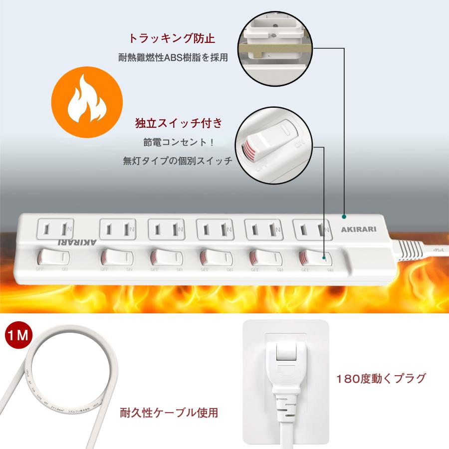 |あす楽★配線しやすい|電源タップ コンセントプラグ 分岐 タコ足 延長コード ゲーブル アダプター対応 スイングプラグ 回転 節電 ほこり防止 6個口 1m｜cosmone｜04