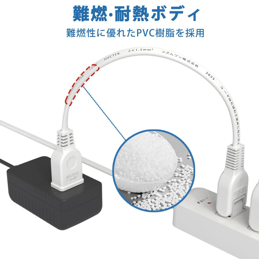 延長コード 50cm 0.5m 1個口 電源タップ 15A 1500W  ホワイト ACアダプタ用電源延長コード すっきり接続 スイングプラグ 短い PSE 2芯 二重被覆 マークあり｜cosmone｜05