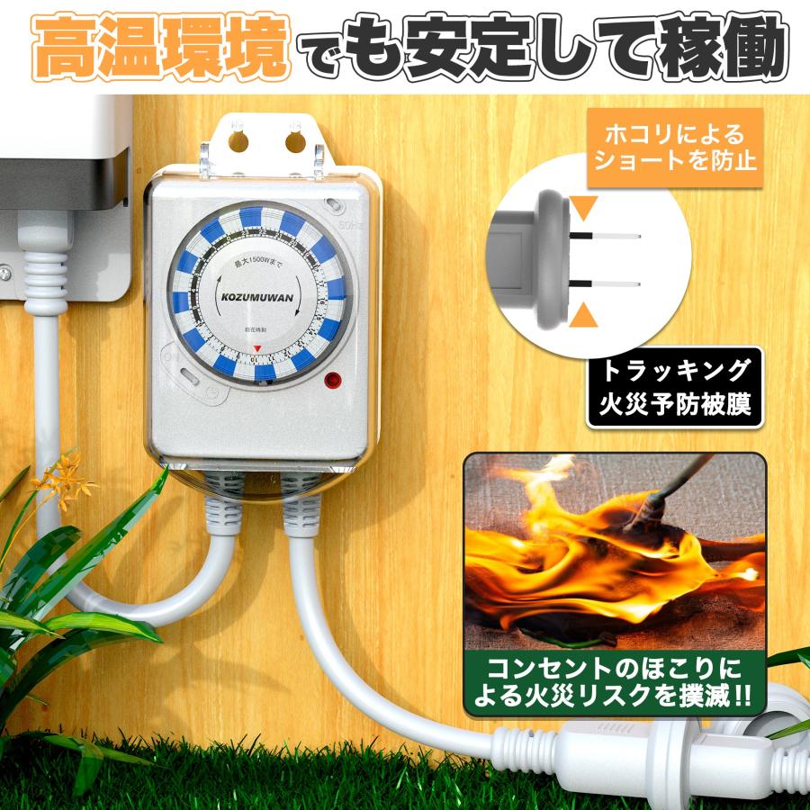 KOZUMUWAN 24時間タイマー 15分単位設定 室外 防水カバー付き 電源