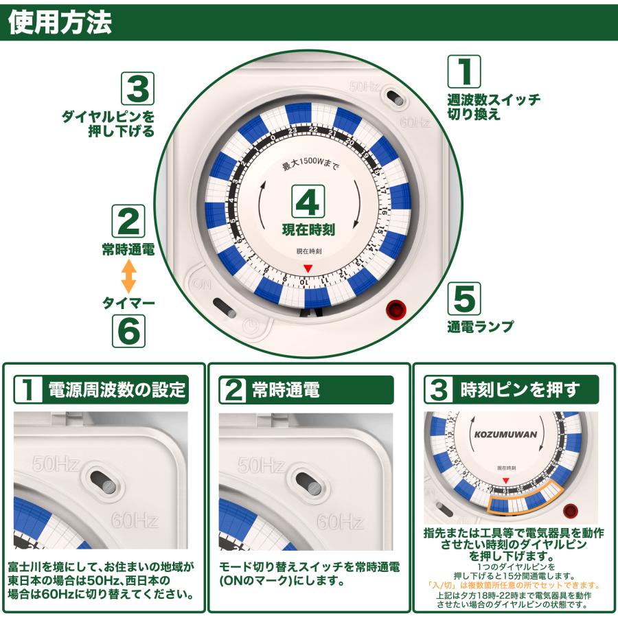 KOZUMUWAN タイマー 室外 防水カバー付き 15分単位設定 24時間タイマー