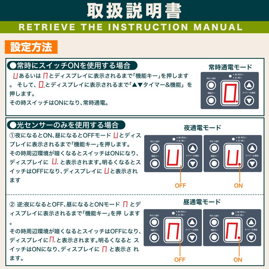 防雨型タイマー 光センサー付き タイマーコンセント 防水 12時間 最大1500W 屋外用 消灯時間設定 自動点灯 装飾灯 ガーデンライト 玄関灯 防犯灯 照明器具 | KOZUMUWAN | 05