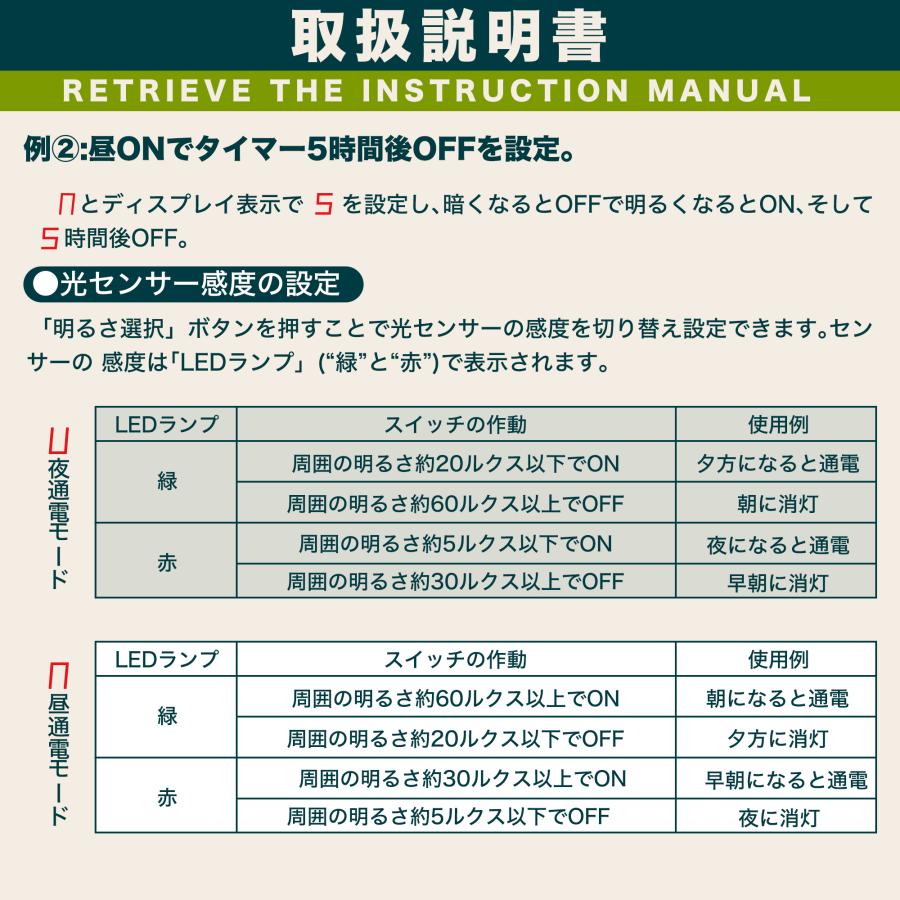 防雨型タイマー 光センサー付き タイマーコンセント 防水 12時間 最大1500W 屋外用 消灯時間設定 自動点灯 装飾灯 ガーデンライト 玄関灯 防犯灯 照明器具 | KOZUMUWAN | 07