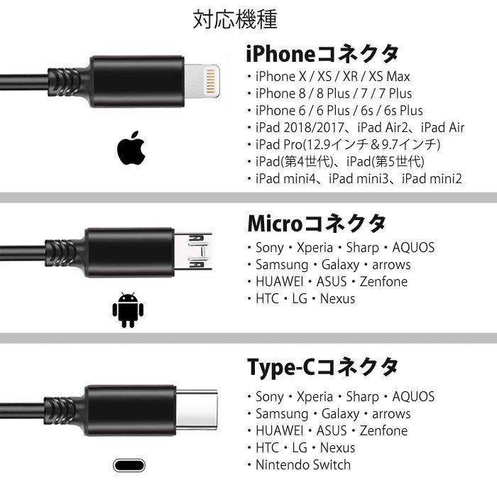 急速充電 3in1 充電ケーブル USB両面挿入 巻き取り iPhone 充電 ケーブル USB Type-c 巻取り 一本三役3A コンパクト リール式 リールコード｜cosmos-wumf｜10