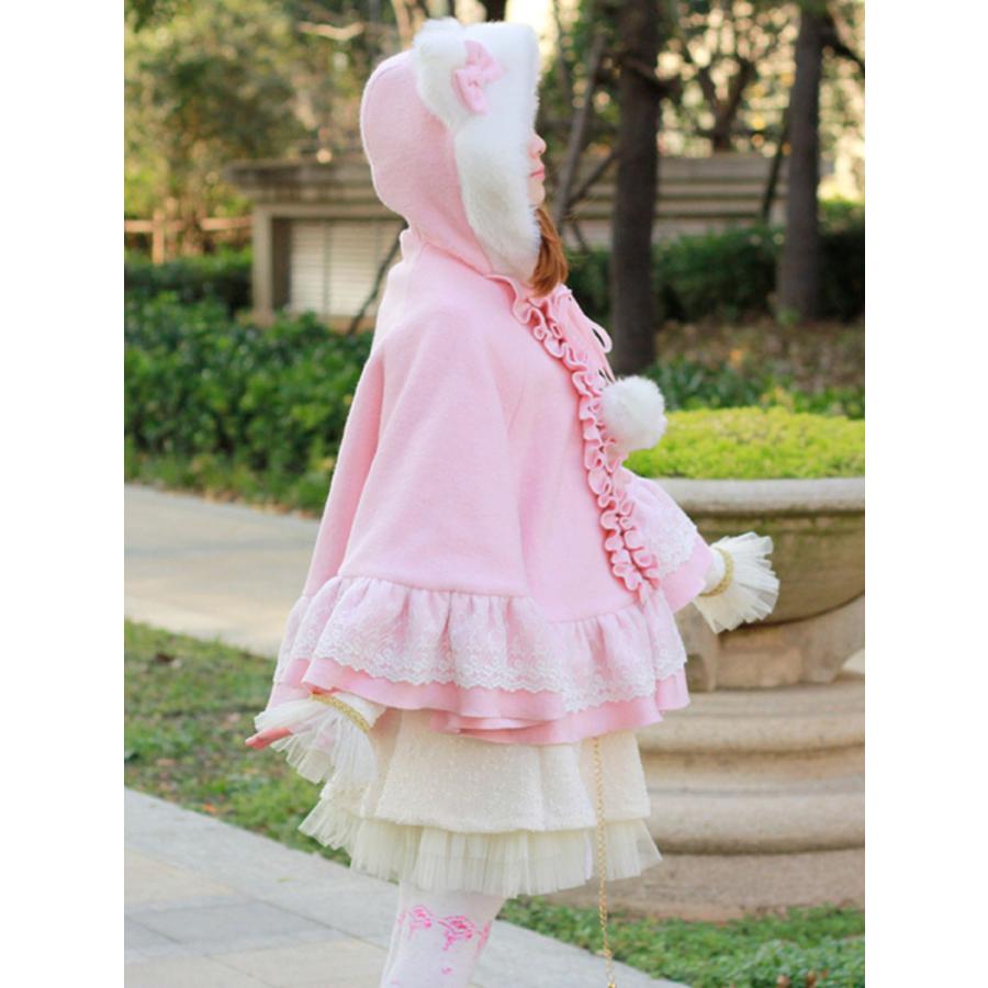 ロリィタケープ ピンク フリル スウィート 猫耳 毛織物 お茶会 2カラー