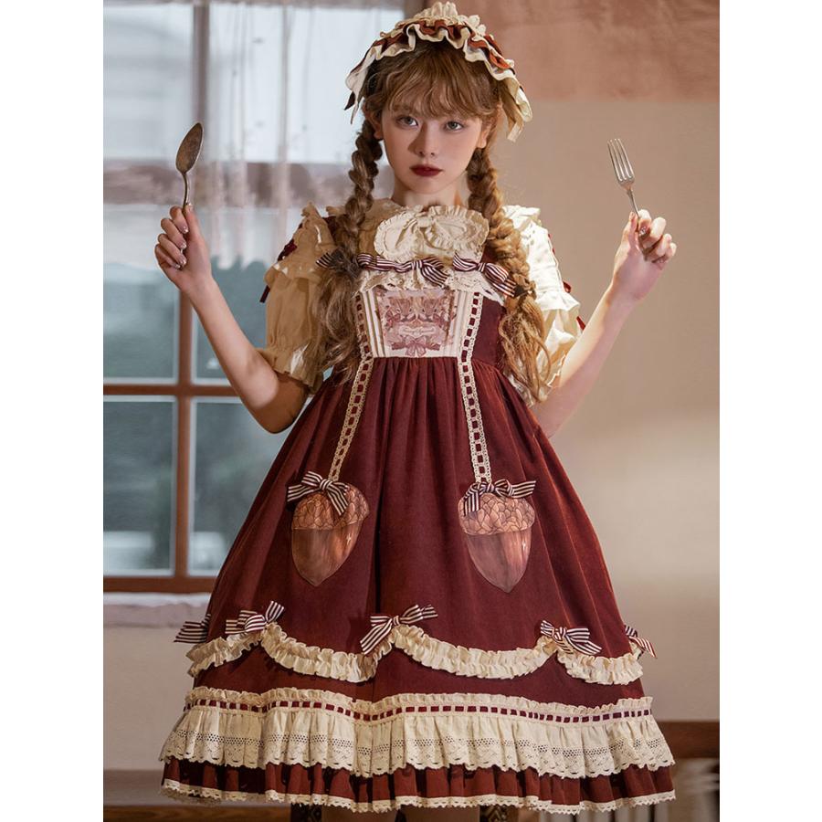 甘いロリータJSKドレスブルゴーニュポリエステルフリルノースリーブ