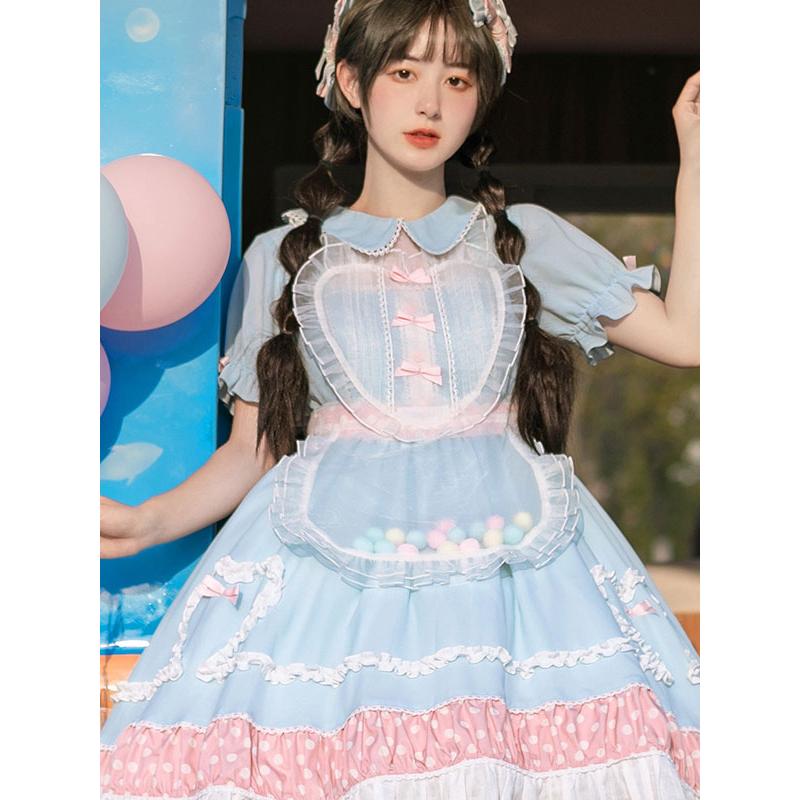 スウィートロリータOPワンピースライトブルーピンクツートン水玉柄半袖