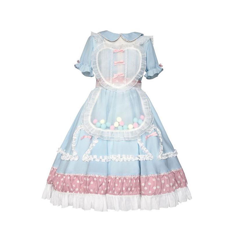 スウィートロリータOPワンピースライトブルーピンクツートン水玉柄半袖