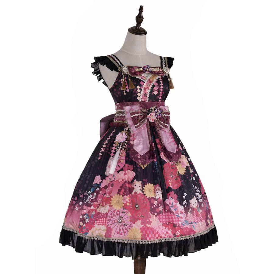 和風ロリータ衣装ロリータドレスポリエステル弓花柄キモノ